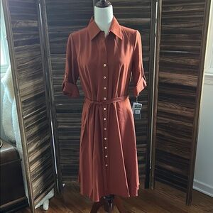 Sharagano Rust Button-Front Long Sleeve Shirt Dress